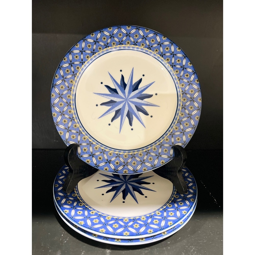 Victoria & Beale Williamsburg 9026 Compass Star Salad Plates Set of 3 Blue White